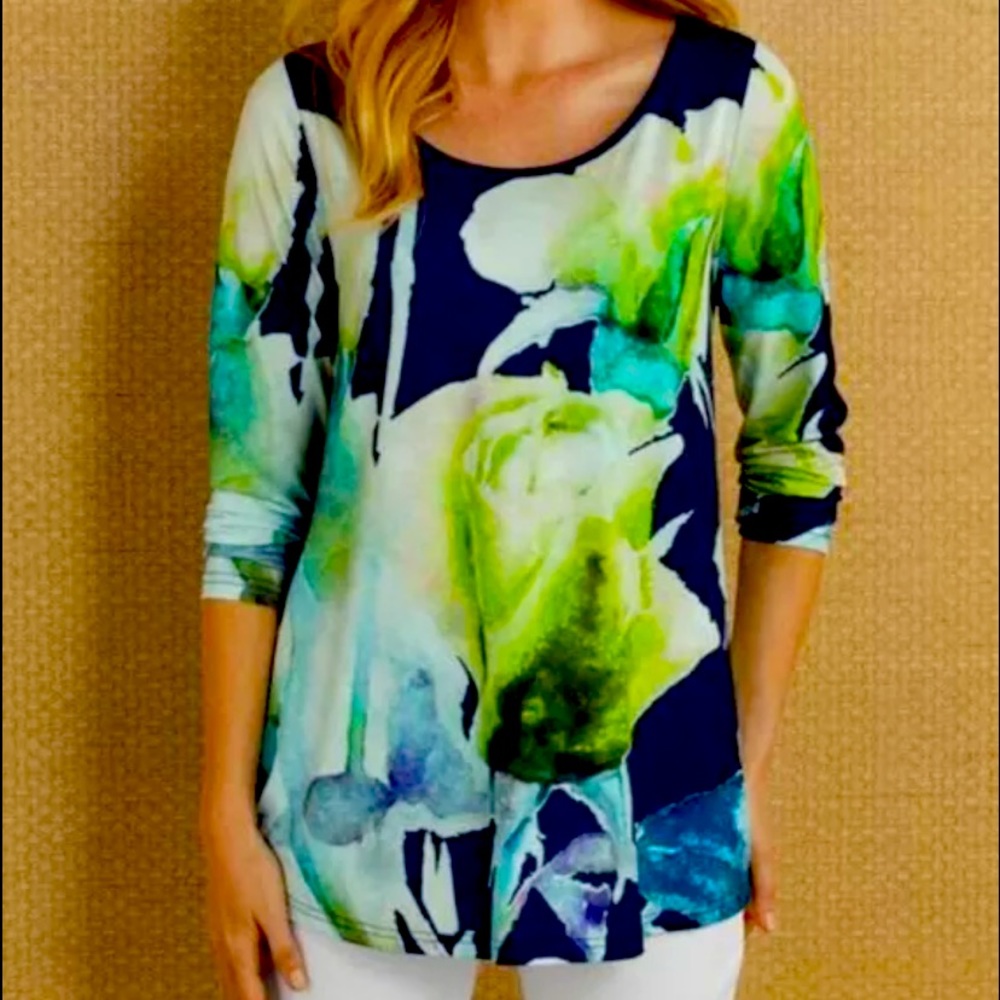 Soft Surroundings Navy Blue Camellia Bloom Top Sz S Floral
